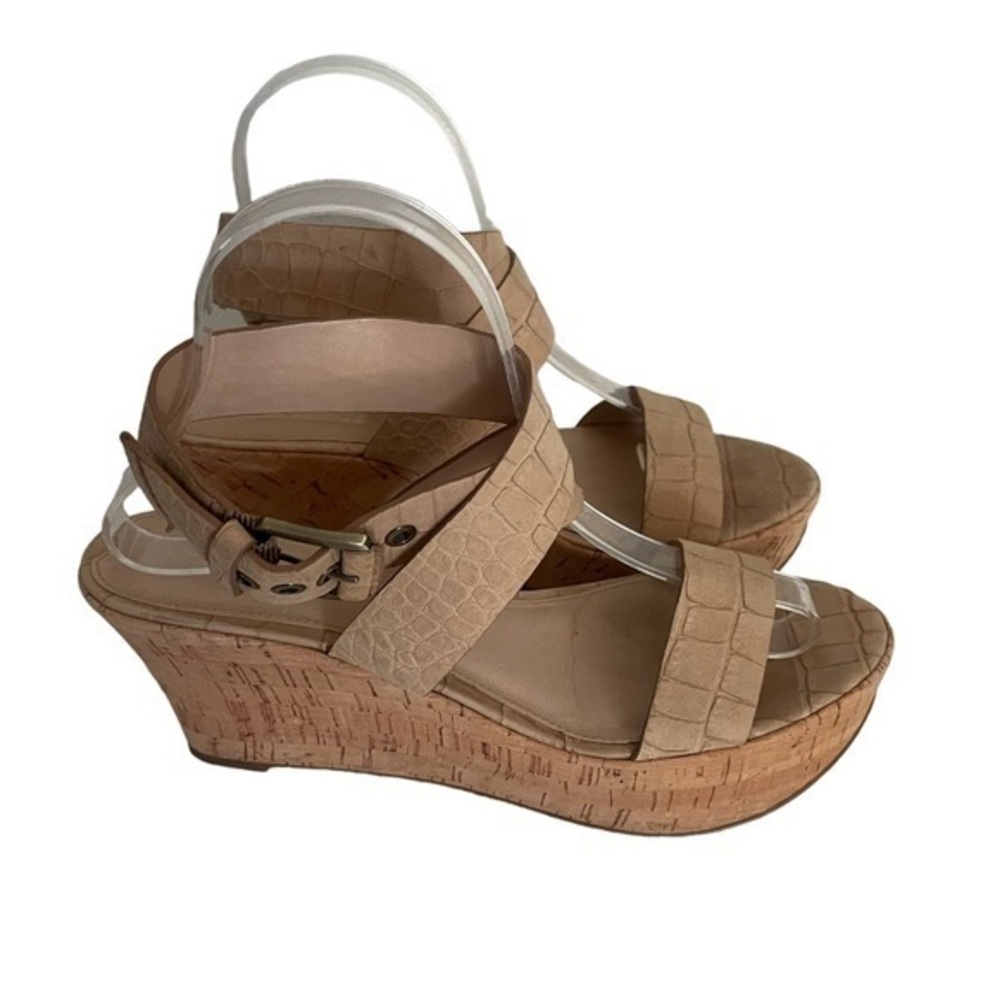 VIA SPIGA Tan Cork Snake Skin Ankle Wrap Wedge sandal size 8
